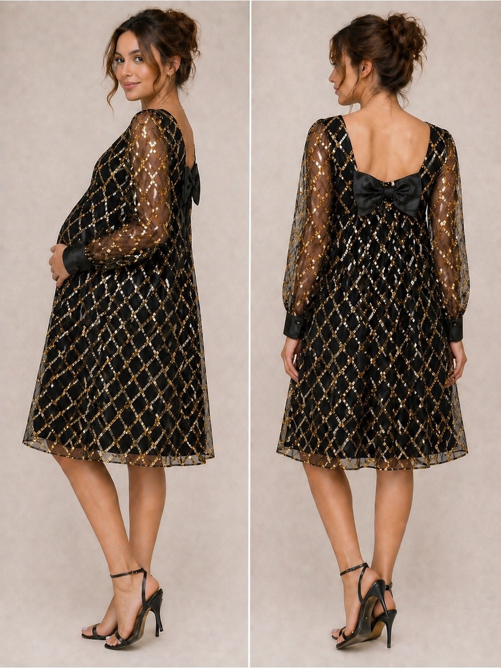 Vintage Maternity Fair Black & Gold Bow Dress ✨ Sheer Sleeve Holiday Party Midi